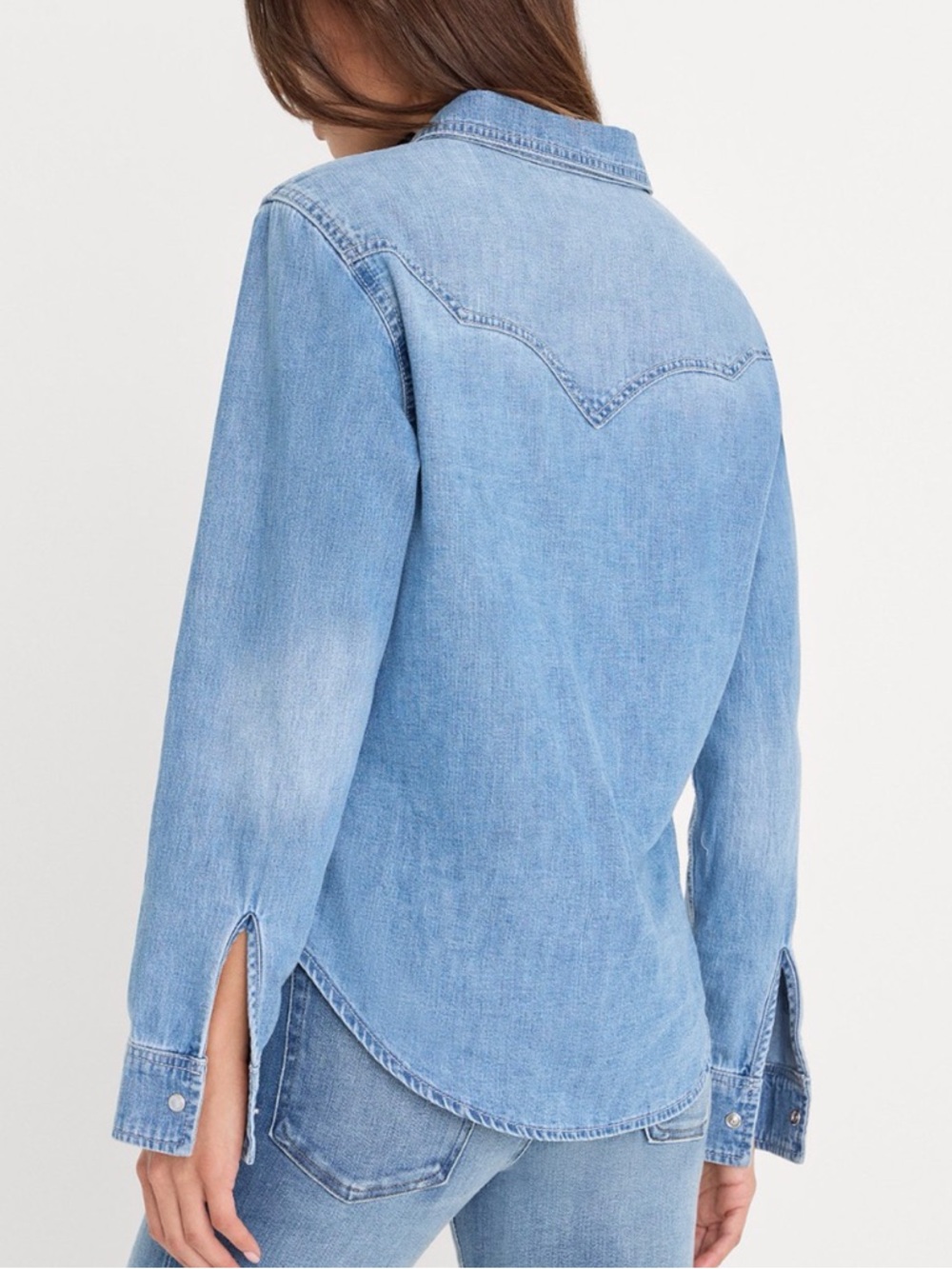 Good American Light Blue Long Sleeve Slim Fit Denim Shirt - Picture 3 of 10